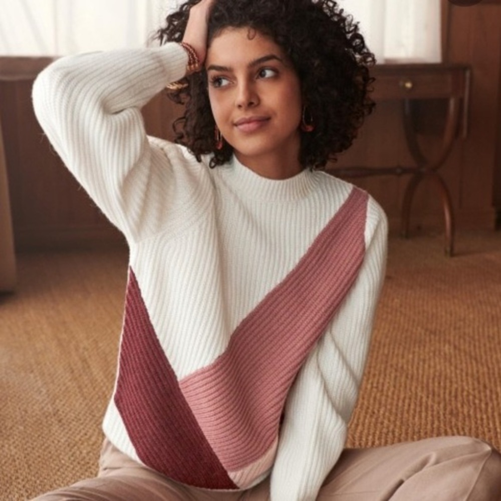 Sezane Orson Pullover Sweater High Neck Cream Pink Patchwork size Medium